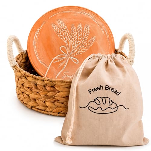 Simply H&K Bread Warmer Basket with Stone - Includes Reusable Linen Bread Bag + Instructions - 11 Round Basket with 10 Terracotta Stone - Hostess & House Warming Gifts For Bakers