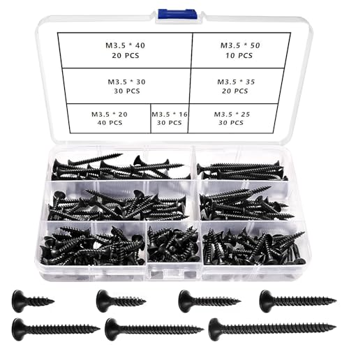 VooGenzek 180 PCS M3.5 Coarse Thread Point Drywall Screws Kit, Phillips Countersunk Drywall Screws, Plasterboard Wood Screw, for Plasterboard, Drywall and Wood, Black