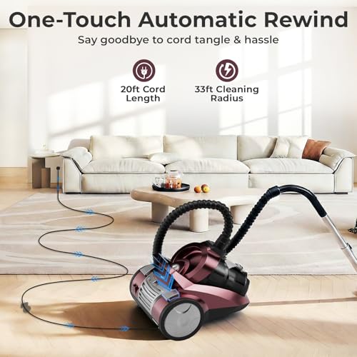 Image of Canister Vacuum Cleaner, 45Kpa 1600W Bagless Canister Vacuum, 4Qt Large Dust Cup, Variable Speed Control, 5 Tools, Lightweight Canister Vacuum for Home, Pet, Carpet, Hard Floor, Red