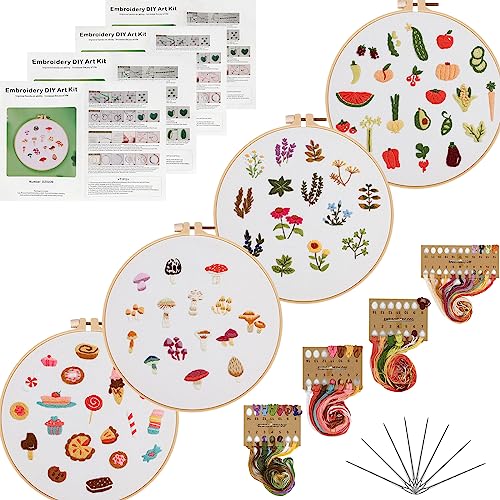 Image of Lukinbox 4 Pack Embroidery Kit for Beginners, Hand Cross Stitch Kits for Adults, DIY Fabric Embroidery Starter Kits with Fruit Flower Patterns, 2 Embroidery Hoops, Clothes, Threads and Needles