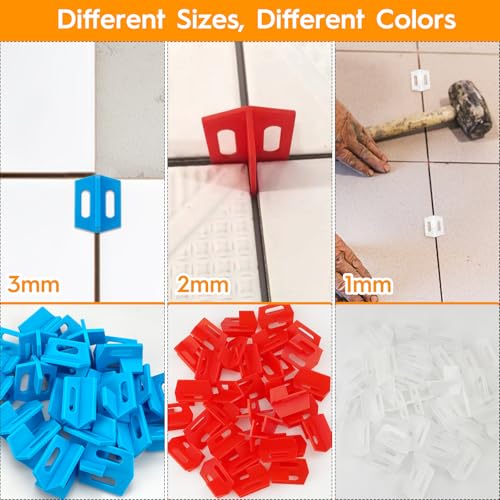 Fliesen-Nivelliersystem, wiederverwendbar, 3 Seiten, Kreuzform, T-Form, Keramik-Boden-Wand-Werkzeuge, Kreuz, Keramikfliesenspalt (weiß, 1 mm, rot, 2 mm, blau, 3 mm), 150 Stück