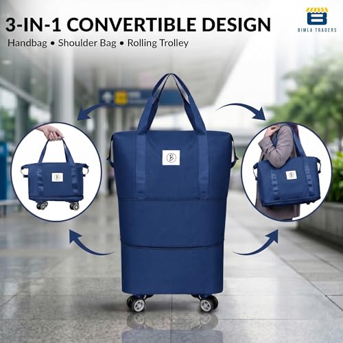 Image of Btag Travel Duffle Bag with Wheels | Convertible Handbag, Trolley & Shoulder Luggage for Clothes | Space-Saving Foldable Travel Companion | Expandable & Waterproof Traveling Bag for Unisex (Navy Blue)