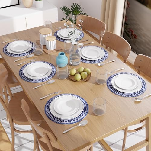 Image of Dining Table Mats Set of 6 | Cotton Table Mat 32 cm Diameter, Encasa XO Washable Round Table Mats, Heat Resistance Dining Table Placemats, Handmade Ribbed Style for Centre Table, Blue Mandala Print