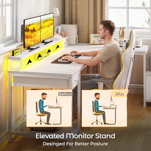 Image of DurayLoly 63 inch L Shaped Desk with 2 Drawers and Printer Stand,Bedroom,White | Large Computer Desk with Led Lights & Power Outlets,Monitor Stand and Storage Shelves,Corner Desk,Gaming, Work, Home Office