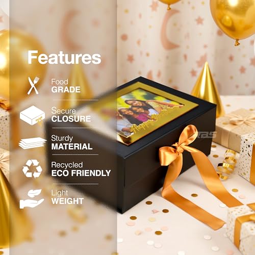 Image of RBS - Gift Box (23 x 16 x 10 cm) Cardboard Personalized Gift Boxes for Packaging (1Pack) Multipurpose Hamper Box Empty Packing Gift Boxes for Birthday Holds Upto 5kg (Gold Birthday Frame Script Font)