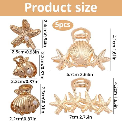 Set de 5 Pinzas de pelo con diseño concha marina, clips de playa para mujer, accesorios capilares dorados para fiestas en la playa y uso diario miniatura 2