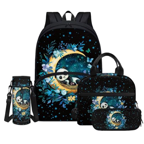 Panda Backpack for Girls Boys Bookbag with Lunch Box Pencil Case Water Bottle Holder Large Capacity Kids School Bag Set of 4 Pcs Back to School Supplies