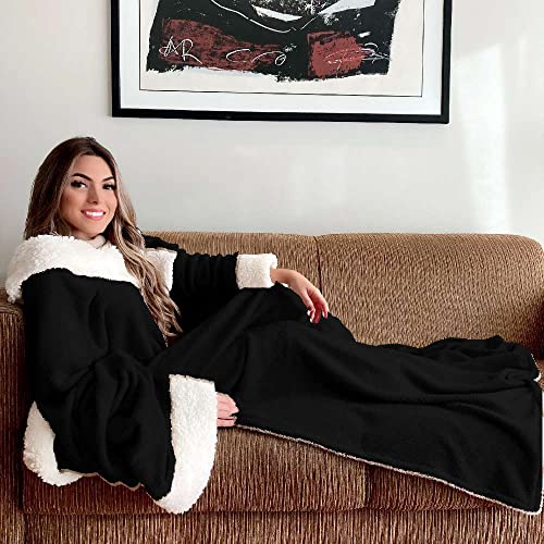 Cobertor com Manga Sherpa Quentinho Casa Dona (Preto)