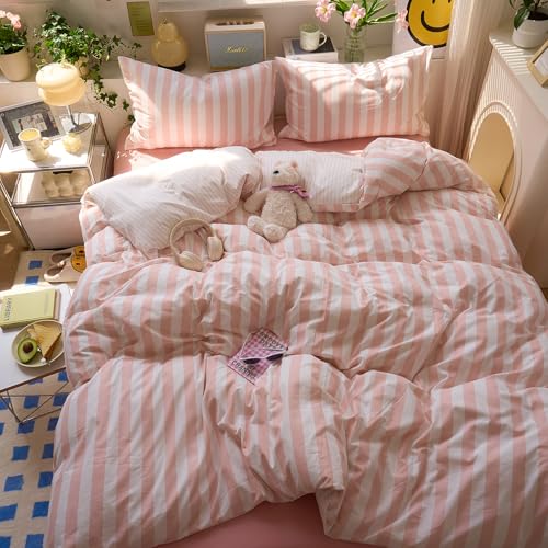 Image of VM VOUGEMARKET Pink Stripes Duvet Cover Set Queen Teens Girls Dorm Bedding Set Soft Lightweight Reversible Microfiber Farmhouse Duvet /Quilt Cover-90 x90,Pink White