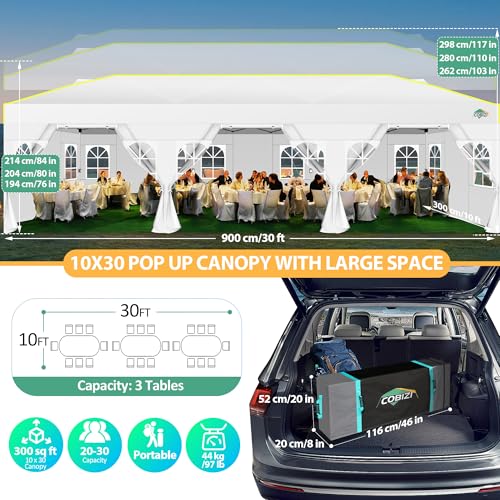 Image of COBIZI 10x30 Pop Up Canopy Tent with Sidewalls 10x30 Party Canopy, Outdoor Wedding Event Tent for Parties UPF 50+ Waterproof Gazebo with Air Vent, Wheeled Bag, Sandbag, Stake, Rope,(White