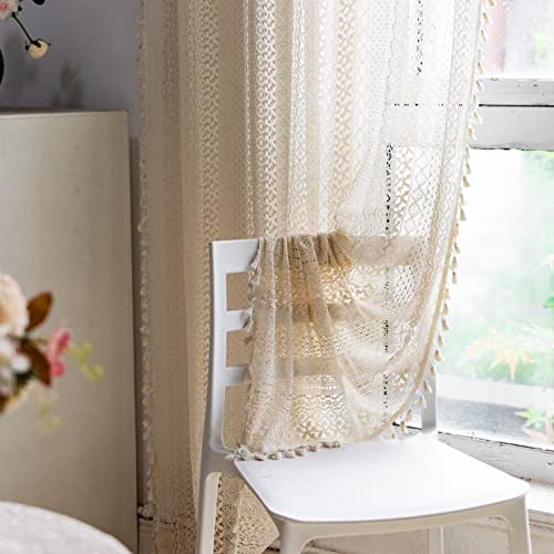Wazzio Farmhouse Crocheted Curtains Vintage Geometric Lace Curtains & Drapes 63 Inch Length 2 Panel Sets, Boho Curtains Beige Rod Pocket Drapes Tassel Macrame Curtains For Bedroom Living Room Bay Kids #TOP2