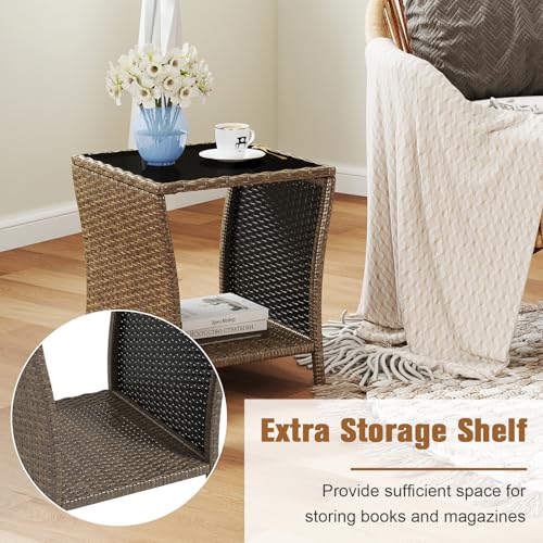 Kinfant Outdoor Wicker Side Table - Patio Square End Table with Steel Frame, Garden Coffee with Tempered Glass Top & Extra Storage Shelf for Pool, Lawn, Backyard(Gold)