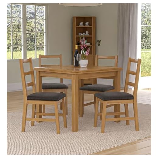 Hallowood Furniture Waverly Oak Extendable Dining Table and Chairs Set 4, Rectangular Small Kitchen Table and Chairs with Ladder Back and Charcoal Grey Fabric Padded Seats for Home and Café