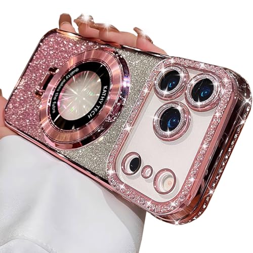 Coque compatible MagSafe pour iPhone Pro avec anneau et protection caméra rose