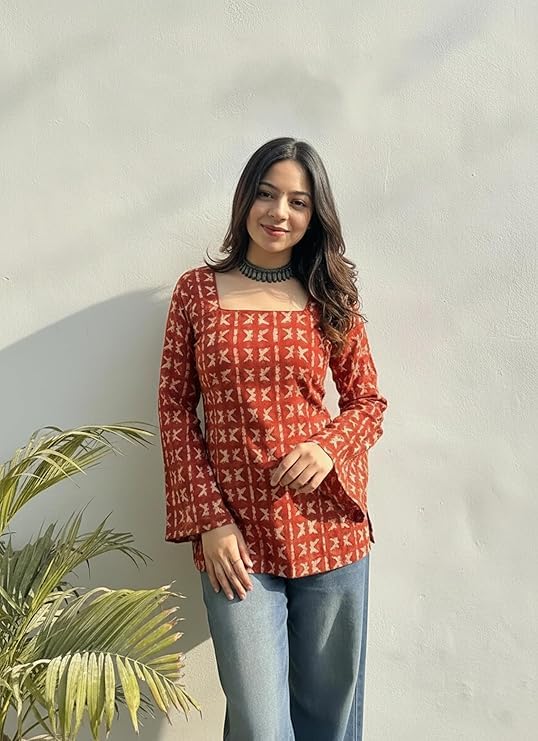 Image of ANNI Designer Women's Viscose Blend Printed Short Kurti | Straight Fit Casual Ethnic Top | Square Neck 3 /4 Sleeve Kurta Office College