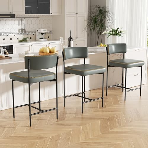 Image of Bar Stools Set of 3, Faux Leather Counter Height Barstools with Curved Back, 25 Inch Upholstered Bar Chairs, Modern Counter Stools for Kitchen lsland, Grey