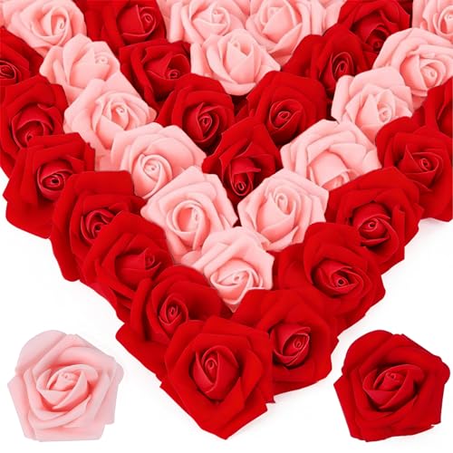Image of 100Pcs Realistic Red Light Pink Artificial Rose Flower Heads, Foam Fake Roses for DIY Wedding Decorations Baby Shower Centerpieces Home Party Valentine's Day Mother's Day Decor