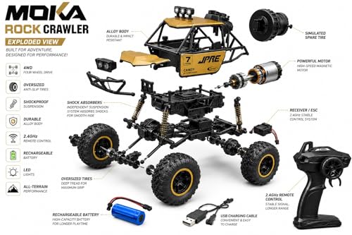 Image of RC Rock Crawler 4WD Remote Control Car for Kids, Rechargeable Off Road RC Car with 2.4GHz Remote Control, LED Lights, Shockproof Suspension, Oversized Anti-Slip Tires, Alloy Body Toy Vehicle