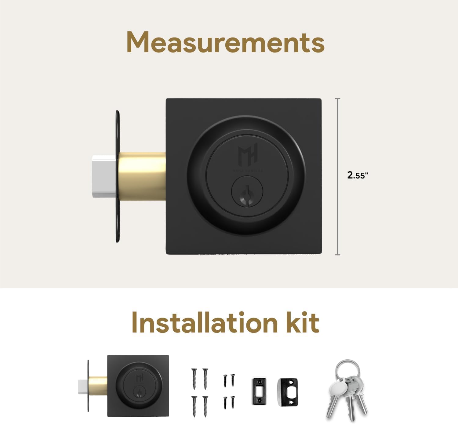 Mega Handles Laura Deadbolt Lock - Heavy Duty Square Black Deadbolt Lock for Left Or Right-Handed Doors, Locking Deadbolt for Interior/Exterior, Screws Included - Matte Black