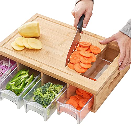 Bamboo Cutting Board With 4 Containers, Large Chopping Board With Juice Grooves, Easy-Grip Handles & Food Sliding Opening, Carving Board With Trays For Food Storage, Transport And Cleanup #TOP14