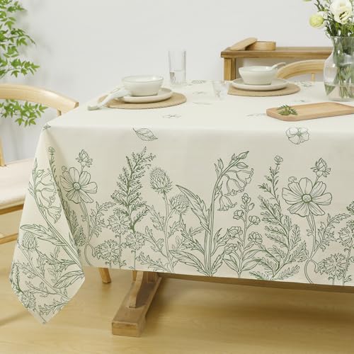 Softalker テーブルクロス おしゃれ リネン 布製 绿描草木花柄 長方形 135x180cm 和風 テーブルくろす 桌布 白 可愛い spring table cloth 花柄 桌布 小学生 春夏 ピクニック デザイン ダイニング キッチン キャンプ レストラン用 パーティー バレンタインデー 長机用 祭り 屋外 室内場合 お手入れ簡単
