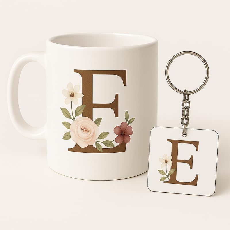 Image of Letter E Mug and Keychain Set - Elegant Floral Monogram Gift for Her /Him - Coffee Cup and Key Ring with Initial E - Coffee Mug for Everyone Any Occasion 4646 5
