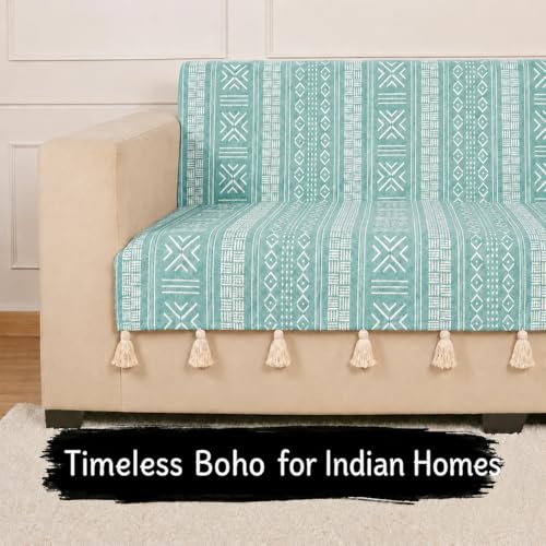Image of STITCHNEST 'Verdant Bohemian Stories' 1 Seater Sofa Cover - Full Coverage| Elegant Jacquard Fabric, Decorative Tassels, Washable & Durable for Modern Living