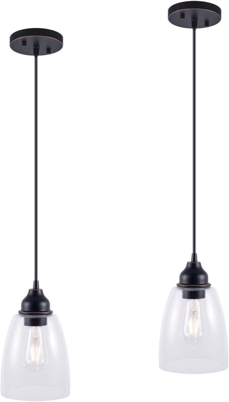 Pendant Lighting Fixture, Hanging Ceiling Lights with E26 Medium Base, Metal Construction with Clear Glass Shade, Bulbs not Included, 2-Pack