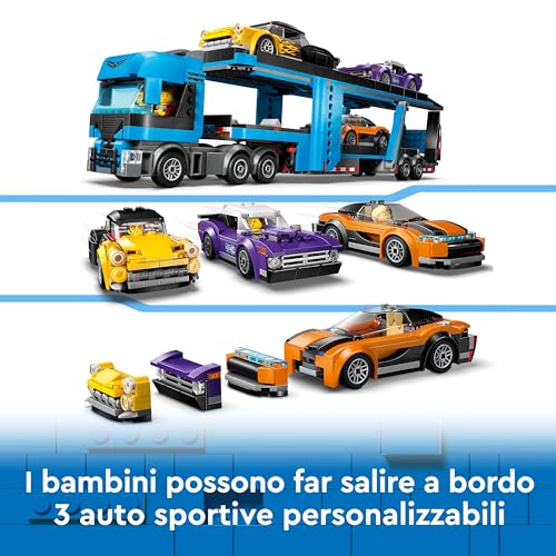 City Camion Trasportatore con Auto Sportive, Giochi Creativi per Bambini e Bambine da 7 Anni, Autocarro con Rimorchio e 3 Modelli di Macchine, Idee Regalo Divertenti, Veicoli da Collezione 60408 - Lego - Immagine 5