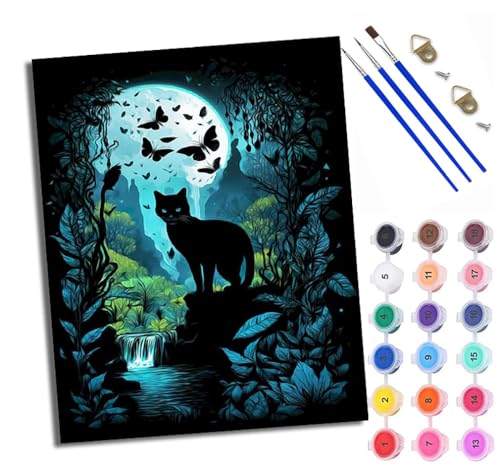 Pintura por Números para Adultos Bosque nocturno, gato negro, mariposa, paisaje lunar Pintura al óleo digital para adultos de Cuadro para Pintar por Números con Lienzo 40x50cm pintura al óleo de