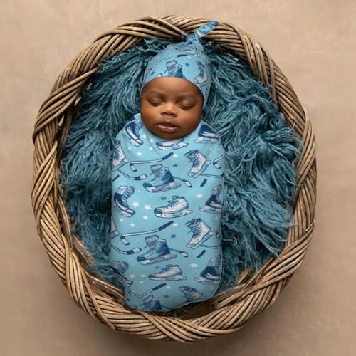 Image of Ice Hockeys Sport Equip Newborn Swaddle Blankets Hat Sets Soft Baby Receiving Blanket Swaddle Sack for Baby Shower Infant Boy Girl Gift