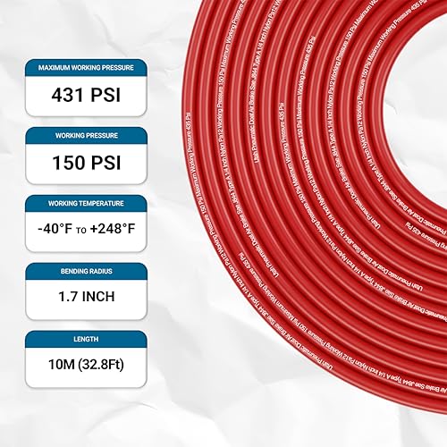 Utah Pneumatic 1/4\" Dot Air Line Tubing - 32.8ft (10m) Red Hose for Pneumatic Systems and Fluid Transfer - Thumbnail 3