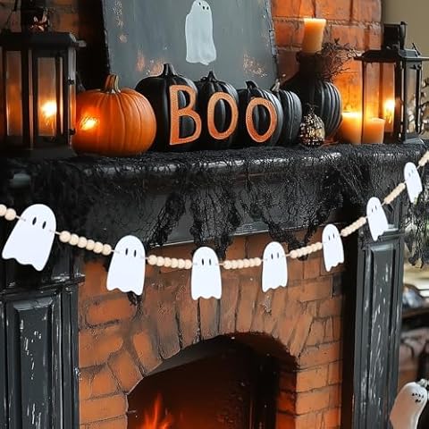 Halloween Garland Decorations - Adjustable Cute Hanging Ghost Garland Fireplace Decor - Pre-Strung Aesthetic Boho Wood Beads Mantel Garland for Home Room Indoor Farmhouse Office Wall Halloween Decor Cover
