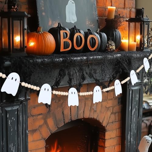 Halloween Garland Decorations Adjustable Spooky Hanging Felt Ghost Garland Pre-Strung Aesthetic Boho Wood Beads Halloween Banner for Mantel Fireplace Home Room Indoor Farmhouse Office Wall Decor