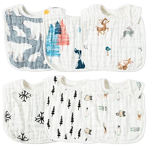 Image of Zainpe 6Pcs Muslin Cotton Baby Bibs Snowflake Polar Bear Pattern Burp Cloths, Adjustable Bib with 6 Absorbent Soft Layers for Unisex Infant Toddler Newborn Drooling Feeding Teething