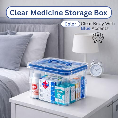 Image of HoopVool Clear Plastic Medicine Storage Box Organizer, Family Emergency Kit with Removable Pill Case Portable Lockable Container for, Art Craft and Cosmetic Household Organizer (Blue, Small)