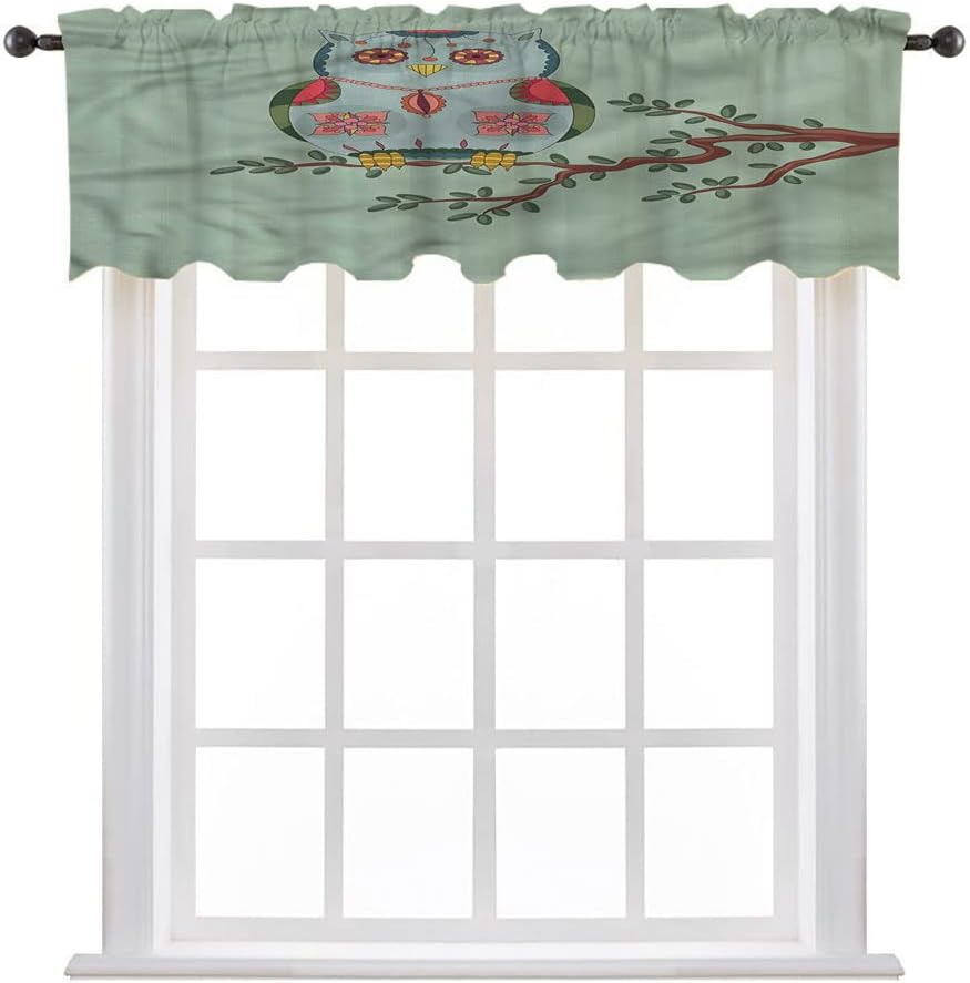 Valances for Living Room, Cute Valances Curtains for Living, Owl Figure on a Tree Branch, 50" W x 18" L, Bedroom Bathroom Living Room Dining Room, Multicolor