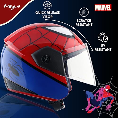 Image of Vega Buds Junior Marvel Spiderman Graphic Open Face Helmet for Kids - Lightweight Design, Superior Comfort & Safety, Stylish Red Blue - XS