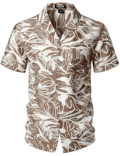 JEMITOP Men's Summer Textured Cuban Collar Hawaiian Shirts Casual Tropical Floral Beach Vacation Short Sleeve Button Down Up Shirt with Pocket Khaki M