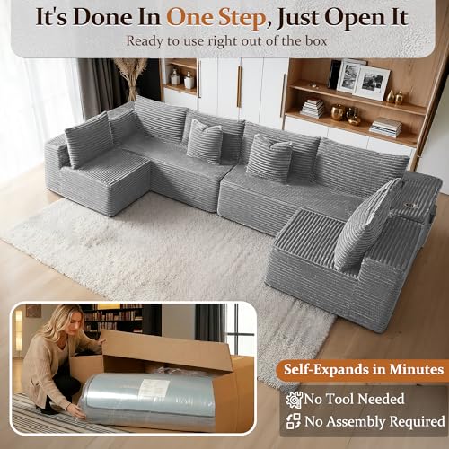 Image of 138 inch Cloud Sectional Couch, Comfort U Shaped Sofa for Living Room, Extra Deep Seats No Assembly, Minimalist Modular Couch, Corduroy (Light Grey, 6 Seats,U-Shape B)