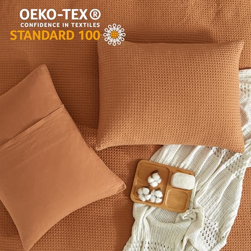 SE SOFTEXLY Waffle Duvet Cover Queen, 100% Cotton Waffle Weave Bedding Duvet Cover Set, Soft and Breathable Comforter Cover for All Season, 3 Pieces Including Pillow Shams(Terra Cotta, 90”x90”)