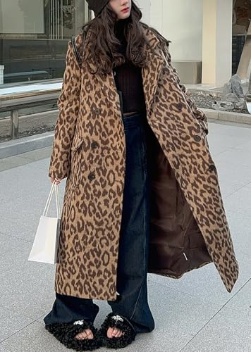utcoco Womens Leopard Long Wool Trench Coat Notched Lapel Double Breasted Pea Coat Winter Warm Overcoat2