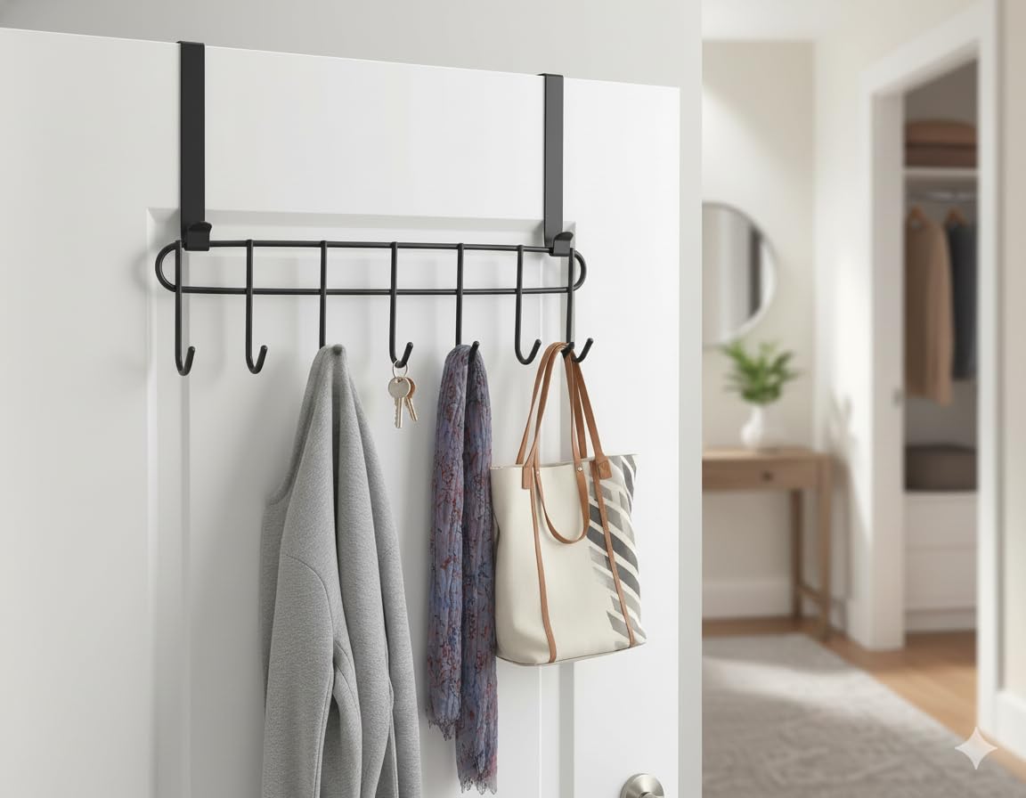 Konquer TimeS Heavy Duty Stainless Steel Over The Door Hook Hanger Organizer/Wall Hook Rack, No Drilling Required (Black)