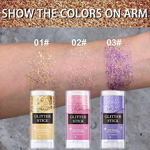 Mysense Gold Body Glitter Stick, Singer Concerts Face Glitter Gel, Holographic Mermaid Sequins Chunky Glitter, Music Festival Rave Hair Accessories Glitter Makeup For Women, 0.56Oz #TOP3