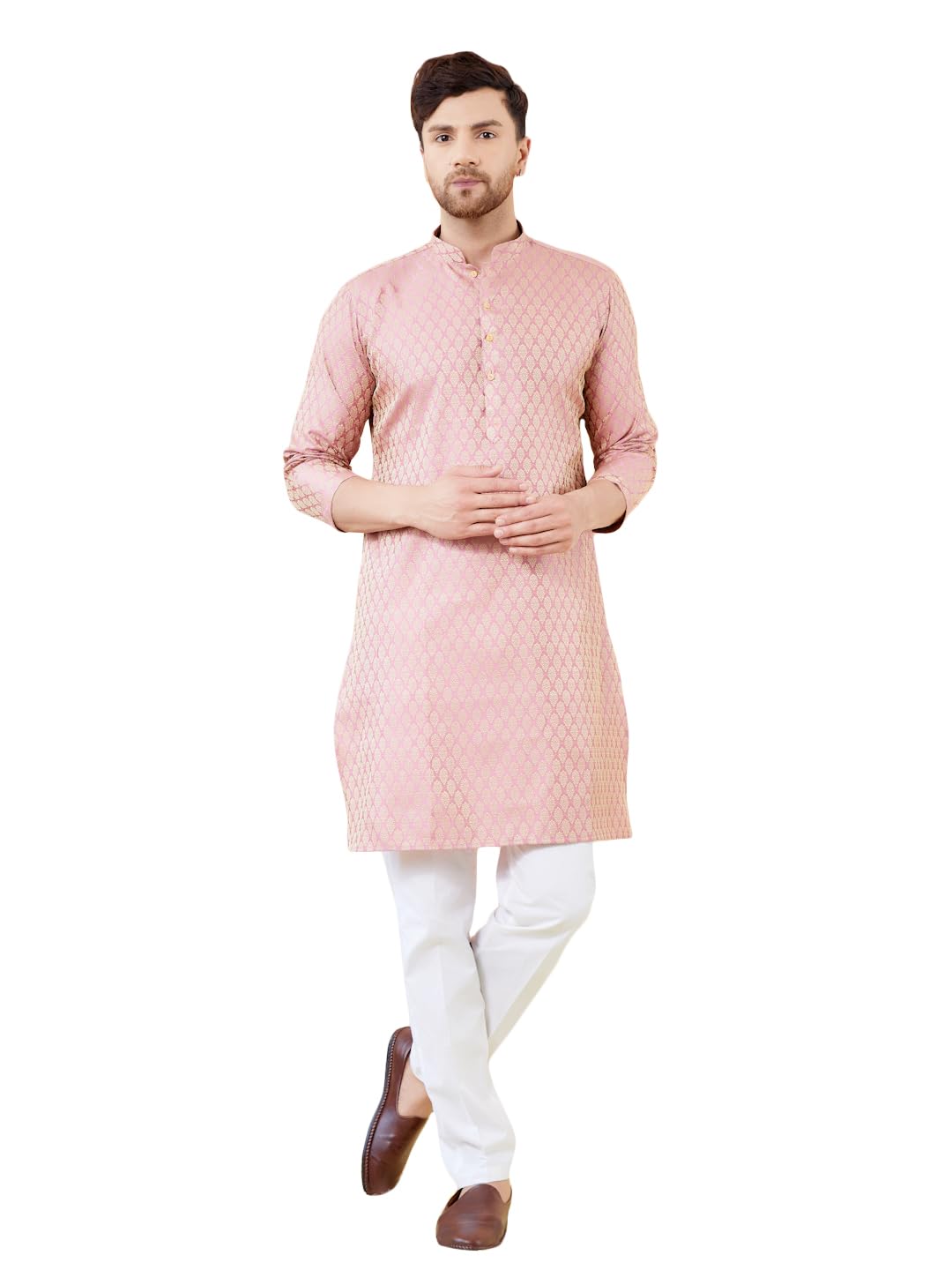See Designs Men Long Sleeve Side Slit Mandarin Collar Pink Ethnic Motifs Silk Jacquard Woven Design Straight Kurta - Bnrskt721M