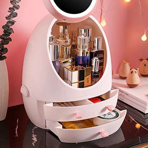 Image of PYU ENJOY SHOPPING Cosmetic Storage Box with Mirror and 360 Rotating Cover, Inside, Outside, White & Pink