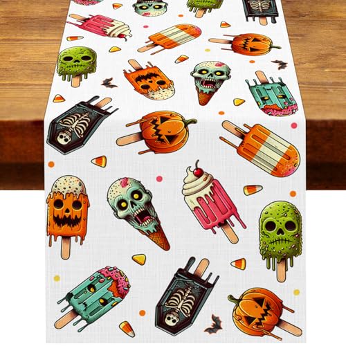Heyfary Summerween Table Runner Spooky Popsicle Skull Ice Cream Party Decoration Pumpkin Candy Corn Home Kitchen Dining Room Table Decor (13 x 72)
