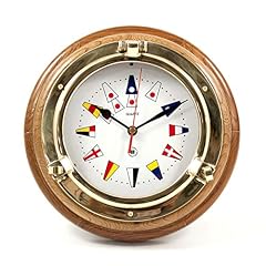 Bey Berk SQ 517 Lacquered Brass Porthole Quartz Clock with Nautical Flags Dial Face on Oak Wood photo Bey Berk SQ 517 Lacquered Brass Porthole Quartz Clock with Nautical Flags Dial Face on Oak Wood
