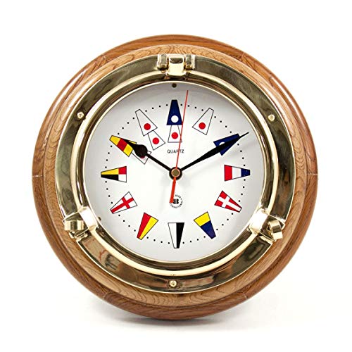 Bey-Berk SQ517 Lacquered Brass Porthole Quartz Clock with Nautical Flags Dial Face on Oak Wood, Brown