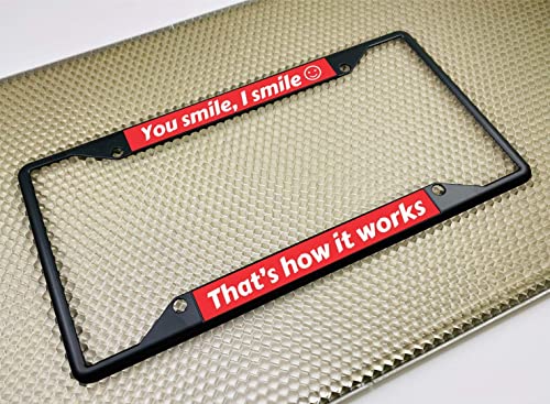 Image of Personalized with Custom Text Design - 4 Hole Black Metal Laser Engraved US Standard Size - Car License Plate Frame with Free caps - Red /White Text (Qty: 1 Frame)